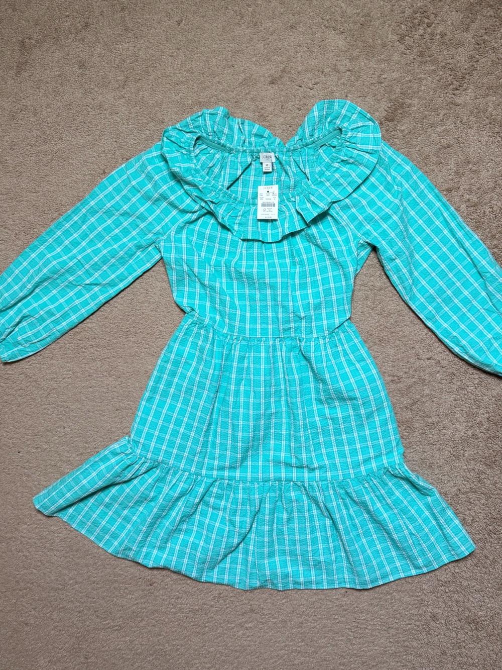 J. Crew Teal Seersucker ruffleneck mini dress